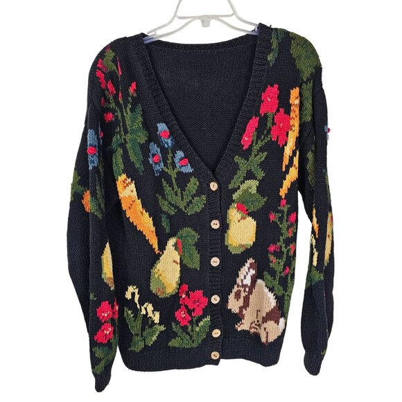 Vintage 80s Black Chunky Hand Knit Cardigan Sweater M Pears and Bunnies Teacher - Picture 1 of 6